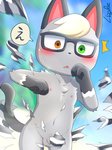 anthro balls blonde_hair blush clothesplosion clothing eyewear flaccid fur genitals glasses grey_body grey_fur hair heterochromia male nipples nude penis solo text torn_clothing wardrobe_malfunction leaflizard0903 animal_crossing nintendo raymond_(animal_crossing) domestic_cat felid feline felis mammal 3:4 hi_res translated