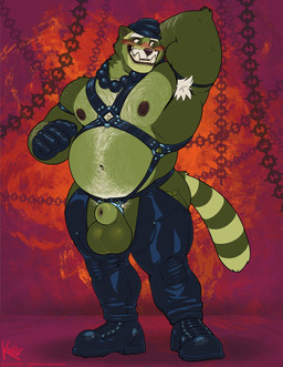 abstract_background accessory animal_genitalia anthro arm_hair armpit_hair balls barazoku belly biceps big_balls big_belly big_muscles blush body_hair boots chain chaps chest_hair clothing cock_ring daddyfication eyebrows facial_hair footwear fully_sheathed genitals gloves hair handwear happy_trail harness hat headgear headwear jewelry leather leather_clothing leather_daddy leather_harness male manly mature_anthro mature_male musclegut muscular muscular_anthro muscular_male mustache navel necklace nipples nude obliques overweight overweight_anthro overweight_male pecs penis penis_accessory penis_jewelry pubes red_background sheath shoes simple_background smile solo standing teeth thick_thighs tusks kihu ailurid humanoid mammal orc red_panda 2023 hi_res