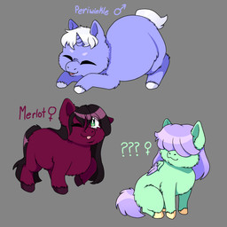 1_horn :3 ambiguous_feral ambiguous_gender black_hair black_tail eyes_closed feral fur green_body green_eyes green_fur grey_background hair hair_over_eyes hooves horn one_eye_closed open_mouth purple_body purple_fur purple_hair purple_tail purple_wings red_body red_fur red_hooves simple_background sitting smile spiral_horn standing tail text tongue tongue_out white_hair white_hooves white_tail wings wink yellow_hooves young young_ambiguous young_feral poyoboyouwu fluffy_pony mythology equid equine fluffy_pony_(species) mammal mythological_creature mythological_equine pegasus unicorn 1:1 2026 cel_shading character_name digital_media_(artwork) english_text hi_res shaded female_(lore) male_(lore)