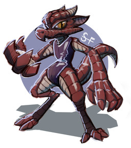 abstract_background anthro big_hands claws clothed clothing digitigrade facial_spikes female flat_chested glistening glistening_body glistening_clothing glistening_scales horn leotard multicolored_body multicolored_scales pointy_ears pupils red_body red_scales ridged_horn scales simple_background slit_pupils snout solo spikes spikes_(anatomy) standing tail tan_body tan_scales tight_clothing toe_claws two_tone_body two_tone_scales yellow_eyes semi-furr kobold reptile scalie digital_media_(artwork) full-length_portrait portrait signature