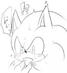 anthro blush bodily_fluids claws dialogue disembodied_hand duo interrobang male speech_bubble surprise sweat text tongue_grab sikai sega sonic_the_hedgehog_(series) sonic_the_hedgehog eulipotyphlan hedgehog mammal black_and_white japanese_text low_res monochrome