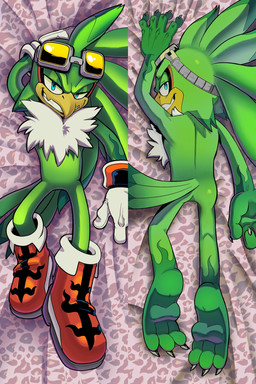 anthro beak bed_sheet bedding boots butt claws clothing dakimakura eye_markings eyewear eyewear_on_head eyewear_only feathers feet finger_claws fluffy fluffy_chest footwear gloves gloves_(marking) goggles goggles_on_head goggles_only grabbing_sheets green_body handwear head_feathers lying male markings nude on_front presenting presenting_hindquarters rear_view red_boots red_clothing red_footwear shoes solo tail tail_feathers talons toe_claws toes white_clothing white_gloves white_handwear yellow_beak hazmatrosen sega sonic_riders sonic_the_hedgehog_(series) jet_the_hawk accipitrid accipitriform avian bird 2:3 dakimakura_design hi_res