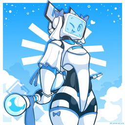 clothed clothing crossdressing heart_symbol legwear looking_at_viewer machine male one-piece_swimsuit one_eye_closed screen screen_face solo swimwear thigh_highs wink baronflint camelot_(baronflint) humanoid robot robot_humanoid 1:1