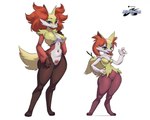 anthro big_breasts breast_curtains breasts brown_eyes duo female grey_eyes navel pubes pupils slit_pupils stick stick_in_tail tail jellyscented nintendo pokemon braixen delphox generation_6_pokemon pokemon_(species) hi_res