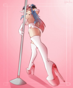 areola armwear biped blue_eyebrows blue_hair boots bottomwear breasts butt clothed clothing dancing elbow_gloves eyebrows eyelashes female footwear foreshortening gloves hair handwear hat headgear headwear high_heeled_boots high_heels humanoid_pointy_ears legwear looking_at_viewer looking_back looking_back_at_viewer low-angle_view multicolored_hair nipples nurse_clothing nurse_hat nurse_headwear nurse_uniform panties pink_areola pink_background pink_eyes pink_hair pink_nipples platform_boots platform_footwear pointy_ears pole pole_dancing rear_view scut_tail shoes short_tail simple_background skirt solo tail thigh_boots thigh_highs topless two_tone_hair underwear uniform white_armwear white_bottomwear white_clothing white_elbow_gloves white_gloves white_handwear white_legwear white_skirt white_thigh_boots white_thigh_highs spider_bones humanoid 2025 5:6 digital_media_(artwork) full-length_portrait hi_res pink_theme portrait shaded