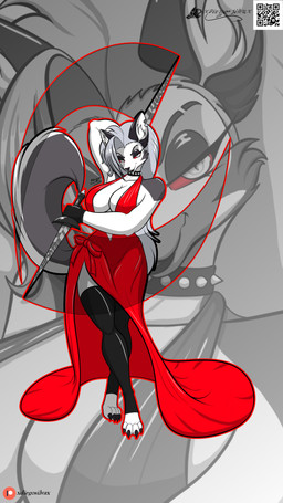 anthro breasts clothed clothing female fur holding_object holding_weapon melee_weapon qr_code sword weapon xdiegosilvax hellaverse helluva_boss mythology loona_(helluva_boss) canid canid_demon canine demon hellhound mammal mythological_canine mythological_creature 9:16 digital_media_(artwork) hi_res