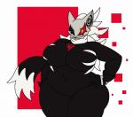 anthro belly big_belly big_breasts black_body black_fur breasts crossgender female fur mask obese obese_anthro obese_female overweight overweight_anthro overweight_female phantom_ruby solo white_body white_fur mizz-britt sega sonic_forces sonic_the_hedgehog_(series) infinite_(sonic) canid canine canis jackal mammal absurd_res hi_res