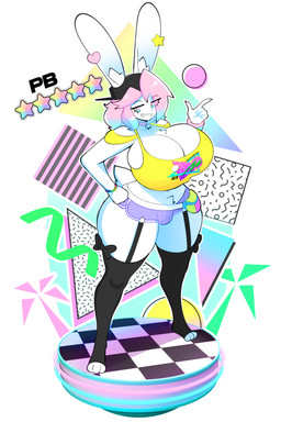 5_fingers anthro backwards_baseball_cap backwards_hat baseball_cap bell bell_collar big_breasts biped black_baseball_cap black_clothing black_legwear black_thigh_highs blue_eyes blue_hair bottomwear breasts bulge chest_tuft clothed clothed_anthro clothed_gynomorph clothing collar crotch_tuft eye_through_hair eyebrow_through_hair eyebrows eyelashes fanny_pack fingers fur furgonomic_baseball_cap furgonomic_hat furgonomic_headwear furgonomics gynomorph gynomorph_anthro hair hand_on_hip hat headgear headwear hotpants huge_breasts inner_ear_fluff intersex intersex_anthro jingle_bell jingle_bell_collar legwear long_ears multicolored_eyes multicolored_hair pink_eyes pink_hair purple_bottomwear purple_clothing purple_hotpants purple_shorts scut_tail short_tail shorts solo standing tail text thigh_highs topwear translucent translucent_hair tuft two_tone_eyes two_tone_hair white_body white_fur yellow_clothing yellow_topwear theycallhimcake pb_(theycallhimcake) lagomorph leporid mallkin mammal rabbit 2025 absurd_res character_name digital_drawing_(artwork) digital_media_(artwork) english_description full-length_portrait hi_res portrait busty_boy_(lore) male_(lore)