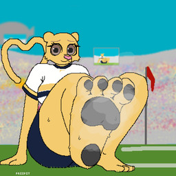 anthro barefoot big_eyes bodily_fluids bottomwear clothing feet female foot_fetish foot_focus football_player fur gesture hindpaw mascot pawpads paws shorts smelly smelly_feet soles solo stadium sweat sweatdrop sweaty_feet sweaty_paws tail tail_gesture tail_heart thick_thighs toes yellow_body yellow_fur priipit club_universidad_nacional liga_mx goya_(pumas_unam) cougar felid feline mammal 1:1 absurd_res hi_res