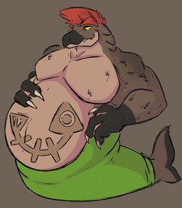 anthro belly big_belly hand_on_belly male musclegut muscular pecs solo teeth yellow_sclera annormvl nintendo splatoon aquatic fish salmon salmonid_(fish) salmonid_(splatoon) hi_res