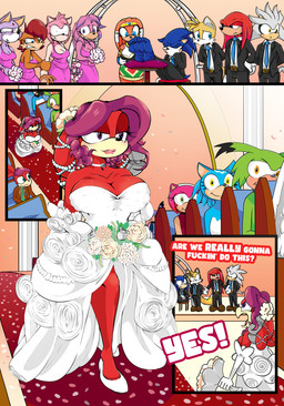 anthro barefoot blue_body bouquet breasts clothing dress feet female flower flower_bouquet group male plant red_body soles toes wedding_dress tinydevilhorns archie_comics sega sonic_the_hedgehog_(archie) sonic_the_hedgehog_(comics) sonic_the_hedgehog_(series) lien-da sonic_the_hedgehog echidna eulipotyphlan hedgehog mammal monotreme absurd_res hi_res
