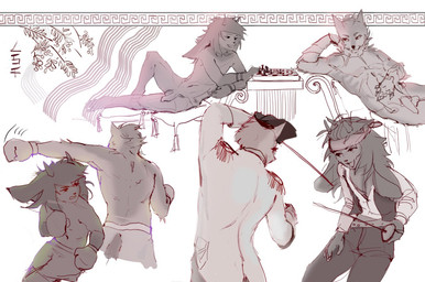 anthro balls biped boxing boxing_gloves chess chess_board chess_piece clothing duo fencing flaccid genitals handwear male male_anthro melee_weapon nude penis reclining sport sword weapon lsfkuro nero_(nerobeasts) toro_(nerobeasts) bovid canid canine canis caprine demon goat mammal wolf sketch_page