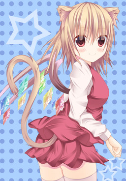 absolute_territory blonde_hair blush bottomwear clothing crystal dotted_background female hair legwear long_sleeves looking_at_viewer looking_back notched_ear pattern_background polka_dots red_eyes shirt simple_background skirt smile solo star tail thigh_highs topwear vest wings y2k_(graphic_design) kaiba-san_@kc touhou flandre_scarlet animal_humanoid humanoid vampire absurd_res hi_res