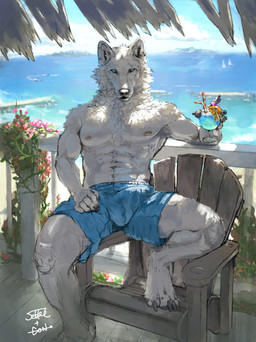 abs anthro balls_outline black_nose blue_bottomwear blue_clothing blue_eyes blue_shorts bottomwear bulge chair cheek_tuft chest_tuft claws clothed clothing cloud day detailed_bulge digitigrade erection erection_under_clothing facial_tuft finger_claws fur furniture genital_outline holding_glass holding_object inner_ear_fluff island looking_at_viewer male muscular muscular_anthro muscular_male nipples penis_outline plant shorts sky snout solo spread_legs spreading toe_claws topless topless_anthro topless_male tuft vines water white_body white_fur wood wood_chair wood_furniture sekki canid canine canis mammal wolf hi_res signature