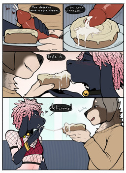 4_panel_comic animal_genitalia animal_penis anthro anthro_on_anthro bodily_fluids border brown_body canine_genitalia canine_penis cinnamon_bun clothing cum cum_drip cum_in_mouth cum_inside cum_on_food cum_string cumshot dialogue dominant dominant_male dreadlocks drinking drinking_cum dripping duo ejaculation erection eyes_closed femboy food genital_fluids genital_focus genitals handjob male male/male male_anthro pastry penile penis penis_focus sex submissive submissive_male sweater tan_body text topwear white_border freakdan1el bovid canid canine canis caprine domestic_dog mammal sheep comic english_text hi_res