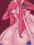 anthro big_breasts bikini bikini_top blue_eyes blue_inner_ear blue_pupils breasts cleavage clothed clothing cute_fangs ear_bow female female_anthro front_view fur huge_breasts kemono looking_at_viewer open_mouth open_smile pink_body pink_ears pink_fur pokemorph pupils red_background ribbons simple_background smile solo swimwear two-piece_swimsuit white_body white_fur ashi_foot nintendo pokemon eeveelution generation_6_pokemon mammal pokemon_(species) sylveon 2024 absurd_res cel_shading colored hi_res portrait shaded