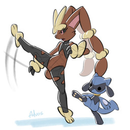 3_fingers 3_toes ambiguous_gender anthro biped black_eyes black_sclera blue_body blue_fur blue_tail brown_body brown_fur brown_tail duo feet fingers front_view fur nude nude_ambiguous nude_anthro on_one_leg open_mouth pawpads paws red_eyes simple_background standing tail teeth toes tongue white_background advos nintendo pokemon generation_4_pokemon generation_6_pokemon mega_evolution mega_lopunny pokemon_(species) riolu 1:1 2025 digital_drawing_(artwork) digital_media_(artwork) signature