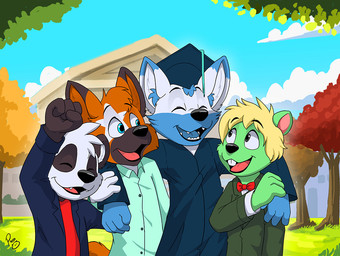 anthro black_body black_fur blonde_hair blue_body blue_eyes blue_fur blue_sky building cheek_tuft day eyes_closed facial_tuft fangs fur glistening glistening_eyes grass green_body green_fur grey_eyes group hair head_tuft logo male messy_hair open_mouth open_smile orange_body orange_fur outside plant red_tongue short_hair sky smile teeth tongue tree tuft white_body white_fur young young_anthro young_male pandapaco parinton bear canid canine giant_panda mammal rodent sciurid tree_squirrel artist_logo signature