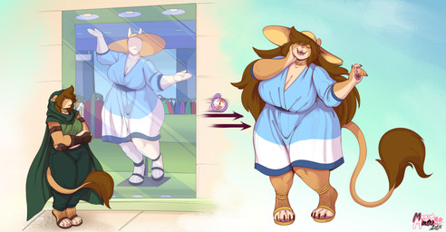 age_progression anthro before_and_after blue_clothing bottomwear breast_expansion breasts brown_hair clothing curvy_figure expansion female green_hood hair long_hair pants smile solo store summer_hat tail voluptuous wide_hips meganemausu sunnet felid lion mammal pantherine 2021 absurd_res digital_media_(artwork) hi_res trans_(lore) trans_woman_(lore)