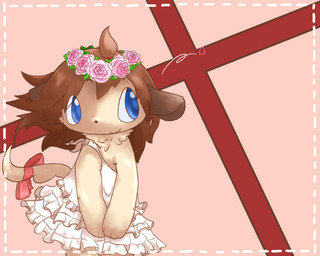 accessory anthro blue_eyes border bow_(feature) bow_accessory bow_ribbon brown_hair clothing dotted_line dotted_line_border dress female floral flower flower_crown flower_garland frilly frilly_clothing frilly_dress furgonomics garland hair head_wreath heart_symbol kemono plant ribbons simple_background solo tail tail_accessory tail_bow tail_ribbon aoino canid canine mammal 5:4 hi_res