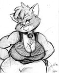 anthro bell bell_collar big_breasts bottomwear breasts clothing collar female fur multicolored_body multicolored_fur solo topwear two_tone_body two_tone_fur dutch_(artist) misty_the_mouse whitney_(dutch) domestic_cat felid feline felis mammal 2012 monochrome sketch traditional_media_(artwork)