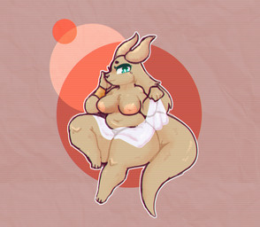 2_horns 3_toes 4_fingers anthro areola armband barely_visible_genitalia barely_visible_vulva bed_sheet bedding belly big_breasts black_nose breasts brown_body brown_fur closed_smile deep_navel eyebrows eyelashes feet female fingers floppy_ears front_view fur genitals geometric_background grabbing_sheets hand_on_head happy horn huge_thighs long_tail looking_at_viewer lop_ears mouth_closed navel nipples non-mammal_breasts non-mammal_navel non-mammal_nipples nude outline overweight overweight_anthro overweight_female pink_areola pink_nipples pupils simple_background sitting smile solo tail tapering_tail teal_eyes thick_thighs three-quarter_view toes vulva white_outline white_pupils wide_hips moogers furred_kobold furred_scalie kobold scalie 2023 chromatic_aberration digital_media_(artwork) full-length_portrait hi_res portrait shaded soft_shading