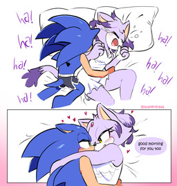 anthro barefoot blue_body blue_fur blush blush_lines bottomwear clothed clothing cuddling dialogue duo feet female fur giggling green_eyes hair_down heart_symbol hero male male/female nightgown princess purple_body purple_fur quills_(anatomy) romantic romantic_couple royalty shorts shorts_only speech_bubble tan_arms tan_mouth tan_muzzle text tickling topless white_mouth white_palms yellow_eyes quavernsfw sega sonic_the_hedgehog_(series) blaze_the_cat sonic_the_hedgehog domestic_cat eulipotyphlan felid feline felis hedgehog mammal comic english_text hi_res