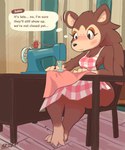 anthro apron apron_only blush blush_lines clothing dialogue female fidgeting freckles furniture sewing_machine sitting solo text thick_thighs thought_bubble wide_hips shimashima animal_crossing nintendo sable_able eulipotyphlan hedgehog mammal absurd_res hi_res