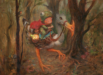 ambiguous_gender bag beak bucket clothing container duo feral forest fungus grass green_clothing grey_body onesie outside plant riding tail tree nils_hamm hasbro magic:_the_gathering wizards_of_the_coast avian humanoid hi_res official_art traditional_media_(artwork)