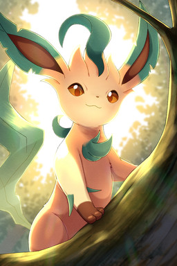 :3 ambiguous_feral ambiguous_gender branch brown_body brown_eyes brown_fur brown_inner_ear brown_nose feral forest fur glistening glistening_eyes green_body green_ears green_fur green_tail leaf leaf_tail light looking_at_viewer looking_down looking_down_at_viewer low-angle_view multicolored_body multicolored_ears multicolored_fur nature on_branch orange_sclera outside plant solo sunlight tail tan_body tan_ears tan_fur tree two_tone_ears rumine nintendo pokemon eeveelution elemental_creature flora_fauna generation_4_pokemon leafeon mammal pokemon_(species) 2026 2:3 hi_res lighting shaded