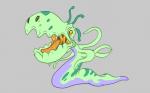 green_body grey_background open_mouth orange_eyes orange_tongue simple_background solo tentacles tongue tombola1993 alien monster big_mouth_(disambiguation) 2017