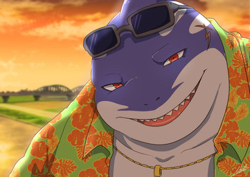 anthro clothed clothing detailed_background eyewear jewelry looking_at_viewer male open_clothing open_mouth open_shirt open_topwear pendant red_eyes scar shirt solo sunglasses sunset teeth tongue topwear nolly_(artist) lifewonders tokyo_afterschool_summoners typhon_(tas) aquatic cetacean dolphin fish hybrid mammal oceanic_dolphin orca shark toothed_whale 2019