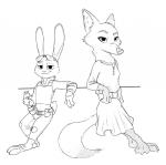 anthro arm_support barefoot clothed clothing crossgender dress duo eyewear feet female ftm_crossgender leaning leaning_backward male mtf_crossgender police police_uniform scut_tail short_tail simple_background smile sunglasses tail toeless_legwear uniform white_background numbro disney zootopia judy_hopps nick_wilde canid canine fox lagomorph leporid mammal rabbit red_fox true_fox monochrome sketch