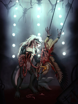 ambiguous_gender ankles_tied anthro beak blood blood_pool bodily_fluids bound chain chained corpse death digitigrade disembowelment feathered_wings feathers feet fingers gore guts gutted hair hands_tied holding_object holding_scalpel intestines long_hair male medical_instrument nude open_beak open_chest open_mouth organs rib_cage scalpel scientific_instrument smile standing surgical_instrument tail tail_feathers teeth upside_down vivisection winged_arms wings frostbite80_(artist) event_horizon_(film) accipitriform avian bird leopard_seal mammal marine pinniped seal vulture digital_media_(artwork) hi_res
