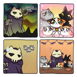 anthro begging clothed clothing dialogue female feral food fur group male pleading_eyes soup text young young_female young_feral young_male kashicats bru_(kashicats) butter_(kashicats) cali_(kashicats) death_(personification) grim_reaper mido_(kashicats) mochi_(kashicats) domestic_cat felid feline felis mammal 1:1 comic digital_media_(artwork) english_text