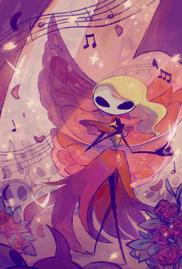 4_fingers ambiguous_gender anthro biped blonde_hair clothing crowd empty_eyes female fingers flower group hair horn looking_at_another musical_note musical_symbol petals plant red_clothing red_flower standing symbol wings blipbugbug hollow_knight_(franchise) team_cherry marissa_(hollow_knight) arthropod hi_res