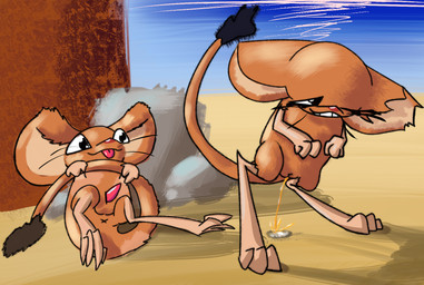 anus bodily_fluids desert duo female feral genital_fluids genitals male male/female oasis peeing peeing_outside penis plant raised_tail sand tail toony torn_ear tree urine vulva water watersports whiskers tofuthelizard dipodid jerboa mammal rodent hi_res