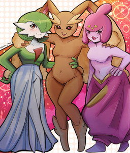 anthro blush breasts brown_body brown_fur casual_nudity featureless_breasts featureless_crotch female female_anthro female_humanoid fur green_body green_hair green_skin group hair navel nude nude_anthro nude_female pattern_background pink_body pink_skin pose pseudo_clothing rabbit_ears red_eyes simple_background small_breasts smile social_nudity tan_body tan_fur text trio white_body white_skin commercial-bother-73 nintendo pokemon pokemon_mystery_dungeon spike_chunsoft team_charm gardevoir generation_3_pokemon generation_4_pokemon humanoid lopunny medicham pokemon_(species) english_description hi_res signature