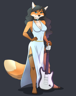 5_fingers anthro black_hair blue_clothing blue_dress blue_eyes breasts choker cleavage clothed clothing dipstick_tail dress electric_guitar female fingers fur garter_straps guitar hair jewelry legwear looking_at_viewer markings multicolored_tail musical_instrument necklace orange_body orange_fur plucked_string_instrument simple_background slit_dress smile solo standing stockings string_instrument tail tail_markings tan_tail_tip akira_volfsar cassie_the_rock_vixen canid canine fox mammal 2019 4:5 digital_media_(artwork) hi_res