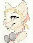 anthro big_ears brown_eyes clothed clothing eyewear female fur goggles grin kerchief looking_at_viewer one_eye_closed shirt simple_background smile solo tank_top teeth topwear white_background wink sierraar taykoe ziva_mo'taki_ta'kim felid mammal tajaran 2018 absurd_res artist_collaboration bust_portrait graphite_(artwork) hi_res portrait traditional_media_(artwork)