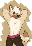 anthro big_muscles black_nose blue_eyes bottomwear boxers_(clothing) brown_body brown_fur cargo_pants chest_tuft clothed clothing dipstick_tail fangs flexing front_view fur hair hair_over_eye hands_behind_head inner_ear_fluff licking licking_lips licking_own_lips looking_at_viewer male markings multicolored_tail muscular muscular_anthro muscular_male navel one_eye_obstructed pants pose sagging sagging_pants self_lick short_hair simple_background solo tail tail_markings tan_body tan_fur teeth tongue tongue_out topless tuft underwear waistband white_body white_fur onion-cat-confirmed canid canine canis domestic_dog mammal hi_res signature