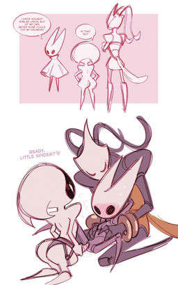 anthro anthro_on_anthro assisted_sex bodily_fluids butt cloak clothed clothing exoskeleton female female/female genitals group imminent_sex imminent_vaginal nude size_difference smaller_female spread_legs spreading strapon sweat text trio vulva zenpornmonk hollow_knight:_silksong hollow_knight_(franchise) instant_loss_2koma team_cherry hornet_(hollow_knight) lace_(hollow_knight:_silksong) shakra_(hollow_knight:_silksong) arthropod absurd_res english_text hi_res
