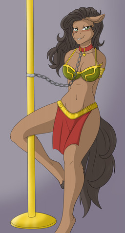 anthro bdsm bikini blush bondage bottomwear bound chain chain_leash clothing collar costume female green_eyes heart_symbol hooves leash loincloth pole sex_slave slave slave_leia_costume solo swimwear two-piece_swimsuit minila star_wars anna_(kelnich) equid equine horse mammal hi_res