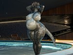 anthro areola big_breasts breasts countershading curvy_figure female forest grey_body grey_countershading hands_behind_head horn navel night nipples non-mammal_breasts non-mammal_navel non-mammal_nipples nude plant pool poolside pose pregnant pregnant_anthro pregnant_female presenting scales smile smiling_at_viewer solo solo_focus tail thick_thighs tree twitter_handle voluptuous voluptuous_anthro voluptuous_female guimontag microsoft the_elder_scrolls argonian scalie 3d_(artwork) absurd_res digital_media_(artwork) hi_res