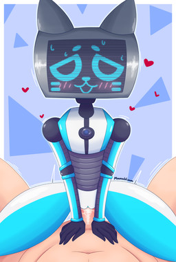 anthro blush bodily_fluids cowgirl_position female female_penetrated first_person_view from_front_position genital_fluids genitals heart_symbol humanoid_genitalia humanoid_penis looking_at_viewer machine male male/female male_penetrating male_penetrating_female male_pov on_bottom on_top open_mouth penetration penile penile_penetration penis penis_in_vagina screen screen_face sex simple_background sweat vaginal vaginal_penetration nsfwbloom voices_of_the_void kerfur_omega_(votv) domestic_cat felid feline felis human mammal robot robot_anthro absurd_res digital_media_(artwork) hi_res