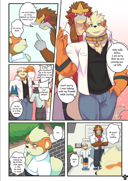 anthro blep blush bottomwear bulge clothing collar cross-popping_vein denim denim_bottomwear denim_clothing dialogue footwear fur greeting jeans male male/male muscular muscular_male pants shirt shoes size_difference sneakers tail teasing text tongue tongue_out topwear shinobiya nintendo pokemon entei_(shinobiya) natsu_(shinobiya) windy_(shinobiya) arcanine entei generation_1_pokemon generation_2_pokemon generation_4_pokemon generation_8_pokemon growlithe houndour legendary_pokemon munchlax pokemon_(species) scorbunny absurd_res comic english_text hi_res