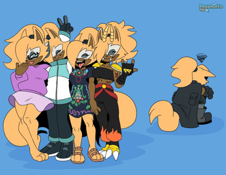 anthro barefoot blue_eyes boots bottomwear clothing devil_horns_(gesture) dress drooped_ears eyes_closed eyewear fangs feet female fluffy fluffy_tail footwear fur gesture glasses gloves group hair hand_gesture hand_spike handwear horn jacket open_mouth open_smile pants ponytail rectangular_glasses sandals shadow shoes shoulder_pads skirt smile spikes spikes_(anatomy) square_crossover sulking sweater tail teeth tongue tongue_out topwear v_sign yellow_body yellow_fur pepamintop idw_publishing sega sonic_the_hedgehog_(comics) sonic_the_hedgehog_(idw) sonic_the_hedgehog_(series) whisper_the_wolf canid canine canis mammal wolf hi_res signature