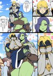 abs armor big_breasts blonde_hair blue_eyes blue_hair blush breasts carrying_another carrying_partner comic duo female green_body green_skin hair human humanoid japanese_text kyabosean male mammal muscular muscular_female orc public red_eyes size_difference text translated