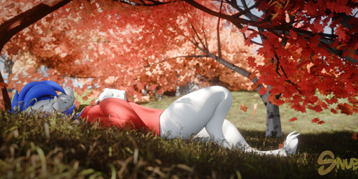 anthro autumn blue_hair bottomless clothed clothing female fur grass hair hoodie lying male on_back outside plant red_clothing solo topwear tree white_body white_fur snubbyarts snubby wickerbeast 3d_(artwork) digital_media_(artwork) hi_res