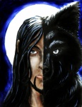 anthro black_body black_fur black_hair black_nose facial_hair fur grey_eyes hair long_hair looking_at_viewer male moon solo supermoon hellgoddess canid canine canis human mammal wolf bust_portrait hi_res portrait